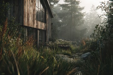 Rustic wooden cabin nestled in a serene, misty forest with wild tall grass.