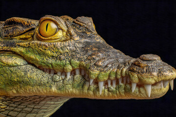Fototapeta premium Detailed close-up of a crocodile's head showcasing textured scales, sharp teeth, and a vibrant yellow eye against a dark background