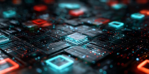 Computer chip with a blue square on it.