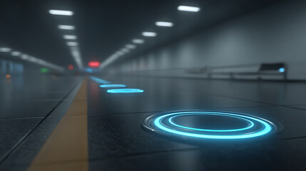 Futuristic corridor with glowing blue circular lights on the floor, leading into a dimly lit tunnel