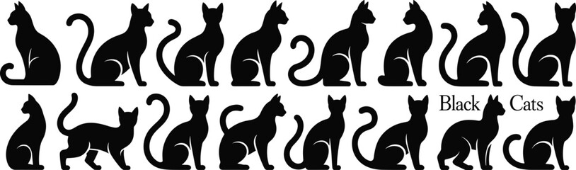 Silhouette of black cats collection, sitting cats, walking cats, feline shapes, pet animals, Halloween decoration, vector design, artwork, illustration