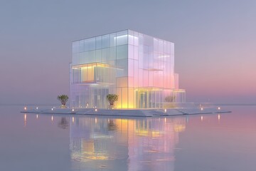 Naklejka premium Stunning Modern Glass Cube Building Mirrored in Tranquil Waters at Sunset