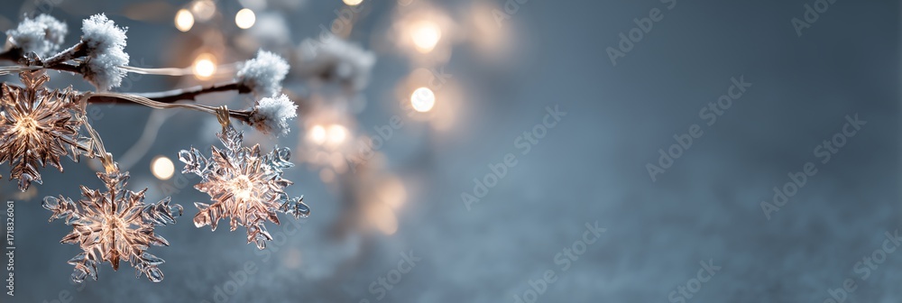 Poster snowflake is hanging from a branch.