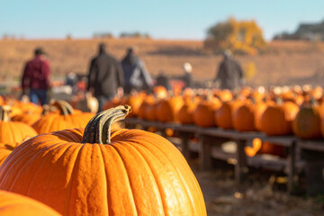 Pumpkin patch on sunny Autumn day with people in background