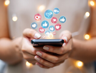 Person Holding Smartphone with Social Media Icons Floating Above mobile phone hand isolated on a transparent background
