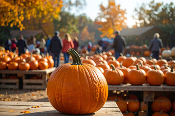 Pumpkin patch on sunny Autumn day with people in background