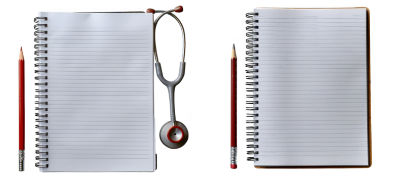Two open notebooks with lined paper, a stethoscope and red pencils isolated on transparent background