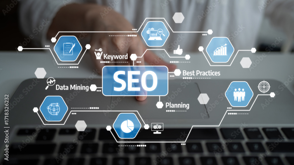 Poster focus on a digital interface emphasizing search engine optimization with visual components. ideal im