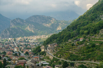 Historic Pont-Saint-Martin panorama in Valle d&rsquo;Aosta, Italy. Scenic Alps, medieval architecture