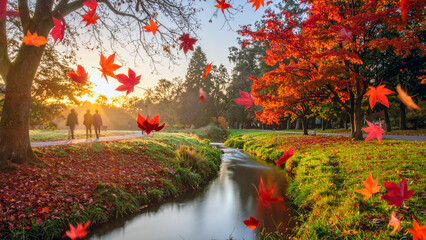 Colorful autumn leaves in the park at sunset