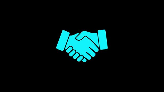 Glowing of shaking hands icon in fill design, animated on a black background. Motion graphics of business concept.4K
