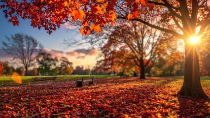 Autumn leaves in the park at sunset, beautiful nature background.