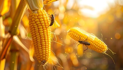 Corn cobs with insects in a field