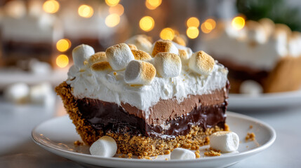 Decadent layered chocolate and marshmallow dessert bar with golden toasted marshmallows on a crunchy graham cracker crust served on a white plate
