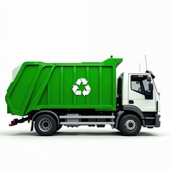 Green recycling truck with prominent white recycling symbol. Vehicle promotes eco-friendly waste management, urban solutions, environmental sustainability. Clean, modern truck supports resource