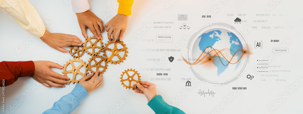 Poster diverse hands collaborate by assembling gears on a table, representing teamwork and innovation, with