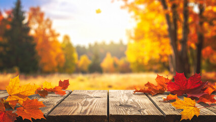 autumn leaves on a wooden table in sunny day background