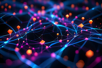 Abstract Network of Glowing Blue and Pink Lines with Orange Geometric Shapes connection isolated on a transparent background