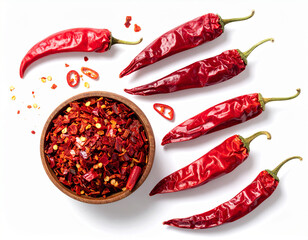 A top-down shot of a wooden bowl filled with red chili flakes, surrounded by whole dried chili peppers on a white background. The composition shows both the whole and crushed forms of the hot spice.