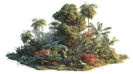 PNG of Lush tropical greenery showcasing a vibrant mix of plants and palm trees.