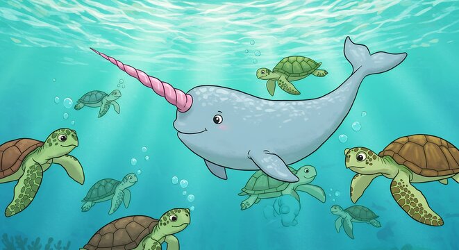Narwhal and turtles underwater