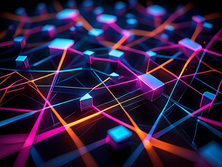 Neon Network Connections with Glowing Lines and Cubes