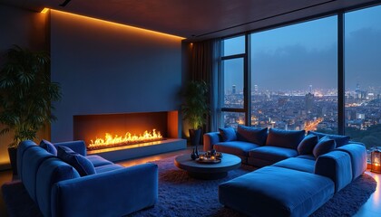 Modern living room features blue sofa, armchair, fireplace, cityscape window view. Ambient lighting from lamps, candles creates cozy, comfortable atmosphere. Wood coffee table with decor, indoor