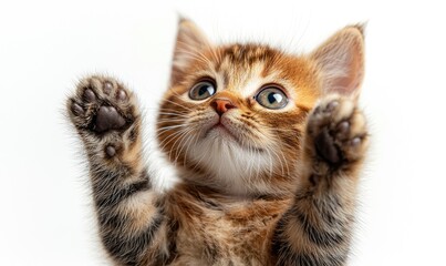 Fototapeta premium A ginger kitten with paws outstretched, looking upwards