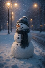 Fototapeta premium Snowman during Evening Snowfall