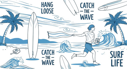 Catch the Wave: An illustration showcasing the vibrant surf culture and lifestyle at the beach