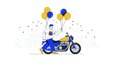 Celebrating freedom and joy a young man with balloons rides a classic motorcycle through the city