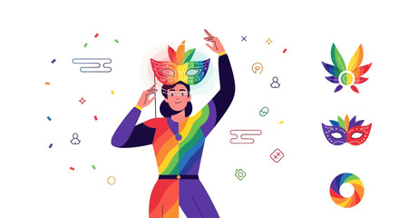 Celebration of Pride: Colorful illustration of a person wearing a rainbow mask at pride parade