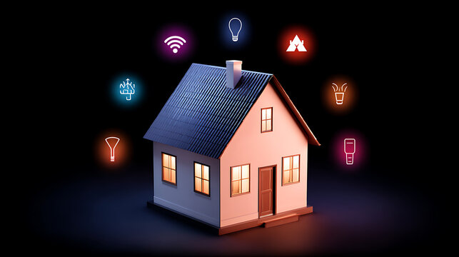Smart home with illuminated icons representing connected devices and automation features