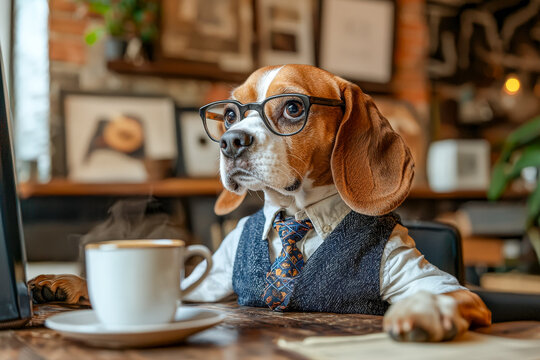 Business-minded dog with glasses working at a desk in a cozy office setting
