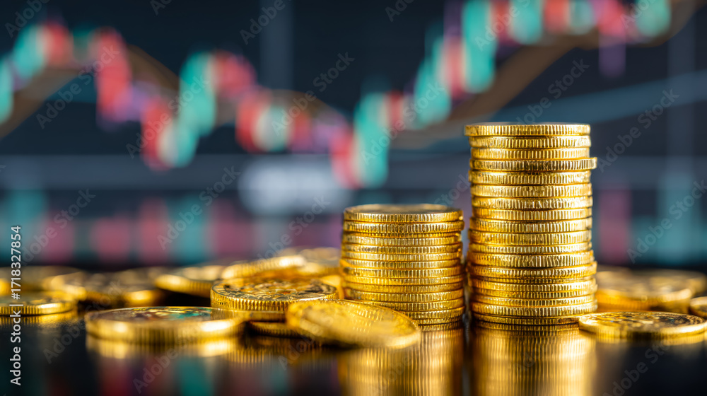 Poster stacks of shiny gold coins arranged in ascending order with blurred stock market chart in the backgr