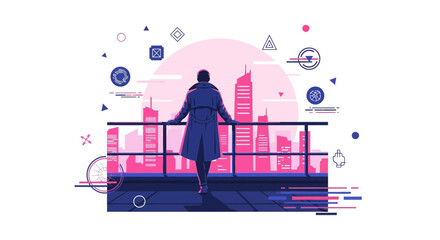 Conceptual cityscape illustration with a contemplative figure observing the urban skyline vector