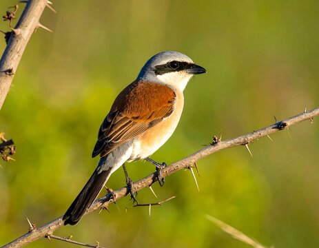 A reddish-brown bird perched on a thorny branch