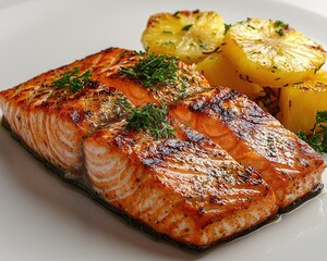Grilled salmon with roasted pineapple and potatoes