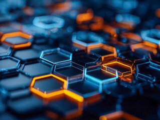 Abstract futuristic hexagonal grid with glowing orange and blue edges representing technology and innovation in a dynamic digital environment