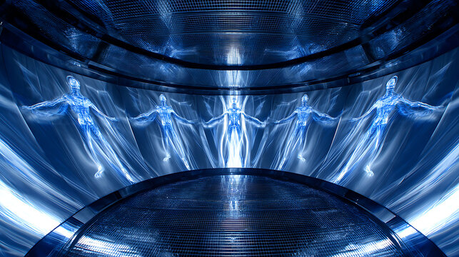 Blue holographic human figures projected inside a futuristic cylindrical chamber with glowing light effects