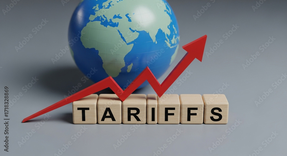 Poster tariffs spelled with blocks and a rising red arrow with a globe in the background on a grey surface
