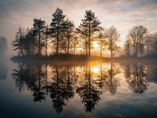 Serene sunrise reflecting on calm lake waters with silhouetted trees and mist creating a peaceful, atmospheric early morning landscape scene