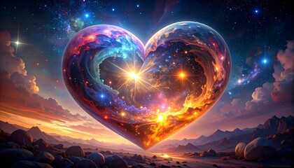 Heart-shaped cosmic orb above landscape