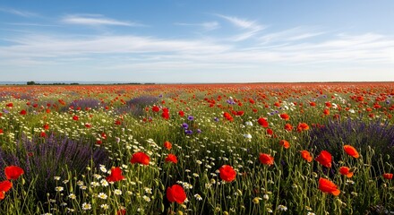 Bright sky covering a wildflower meadow.