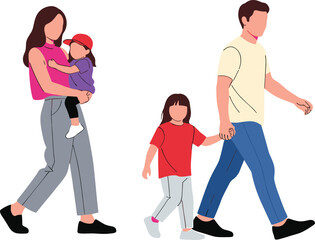 Happy family walking together illustration, parents with children, father holding daughter hand, mother carrying baby, family outing lifestyle design