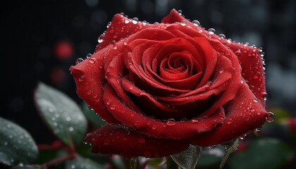 Red Rose Covered With Water Drops