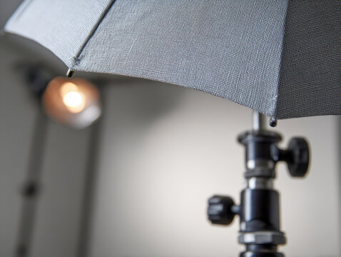 Professional photography studio lighting setup featuring an open textured umbrella diffuser and adjustable light stand with a background spotlight creating warm illuminat