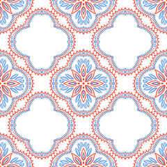 Seamless geometric pattern with ornate floral mandala design in red and blue on a transparent background. Perfect for textile design, wallpaper, wrapping paper, digital backgrounds, surface decoration