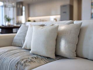 Cozy neutral-toned living room sofa adorned with soft textured pillows and a fringed throw blanket creating a warm and inviting atmosphere in modern home interior