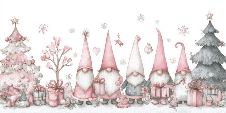 Gnome Border. Christmas Gnomes and Gifts in Pink Watercolor Border Design